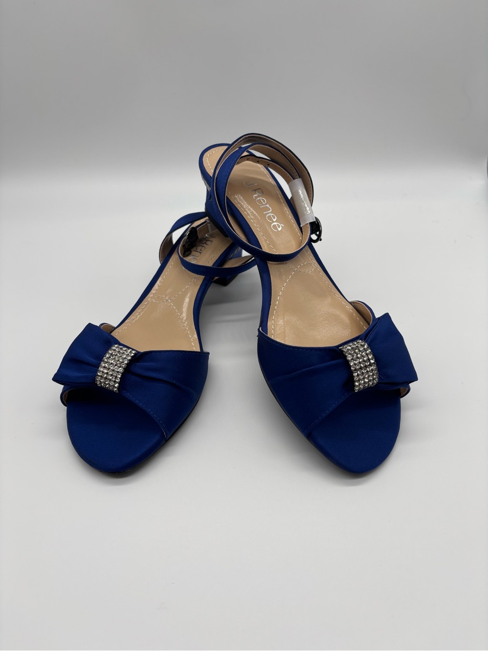 Navy/Dark Royal Satin Open-Toe Bow Sandals with Crystal Accent